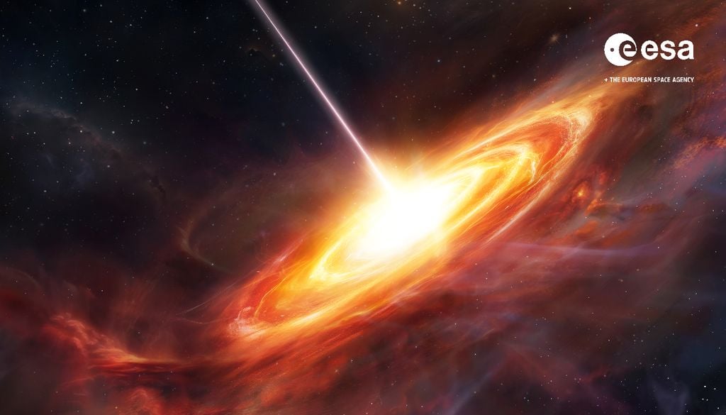 Quasar Rappresentazione artistica di un quasar. Il materiale surriscaldandosi spiraleggia verso il centro da cui fuoriesce un sottile getto di materiale simile a un fascio a velocità relativistiche. Credit: ESA