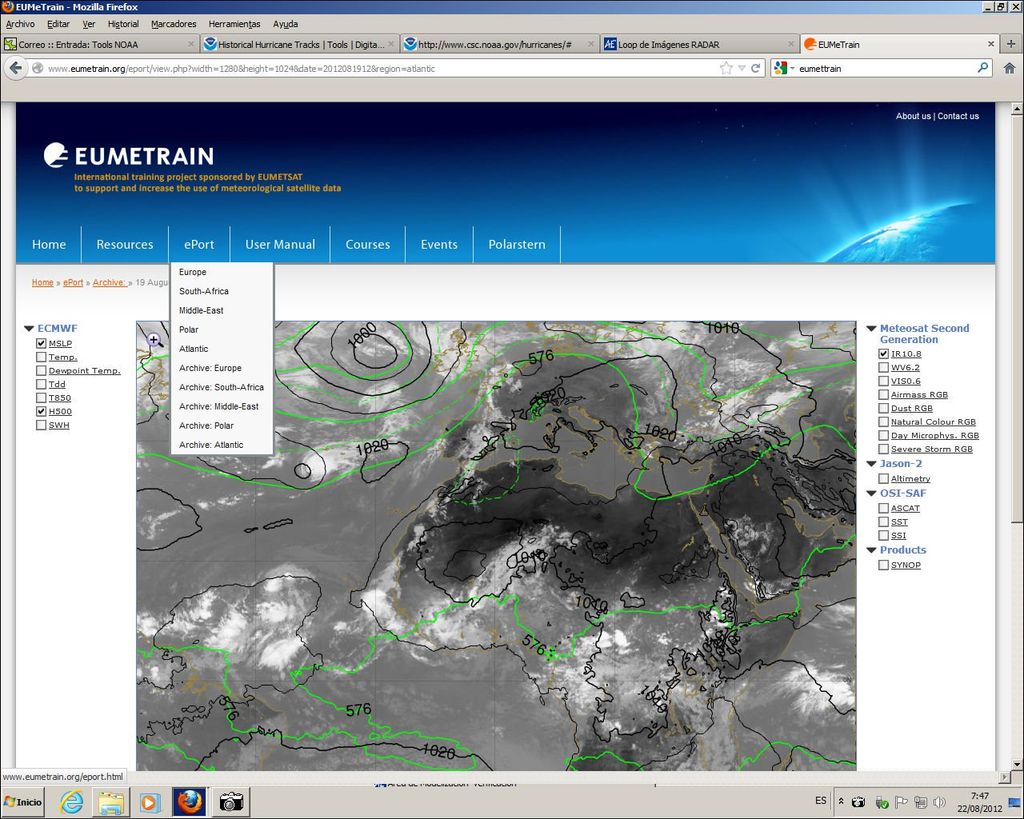 Figura 1. Pantalla capturada de ePort para la zona atlántica Figura 1. Pantalla capturada de ePort para la zona atlántica donde el usuario puede combinar diferentes tipos de datos. Fuente: Eumetrain