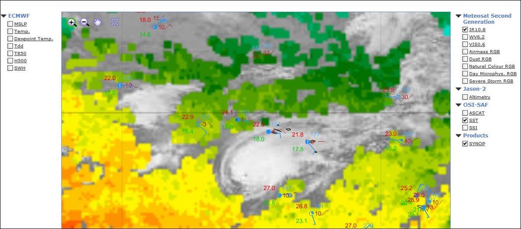 Figura 2. Captura de pantalla donde se muestra el huracán Gordon de agosto de 2012 en las cercanías de Azores Figura 2. Captura de pantalla donde se muestra el huracán Gordon de agosto de 2012 en las cercanías de Azores, según imagen infrarroja, la temperatura del agua del mar coloreada, SST, y datos sinópticos de una hora determinada para una situación histórica. Fuente: Eumetrain