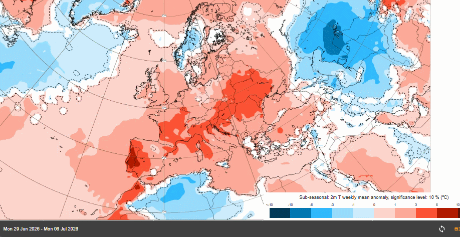 Ídem que en la imagen de arriba pero la tres semanas completas desde finales de junio a mediados de julio de 2026. ECMWF