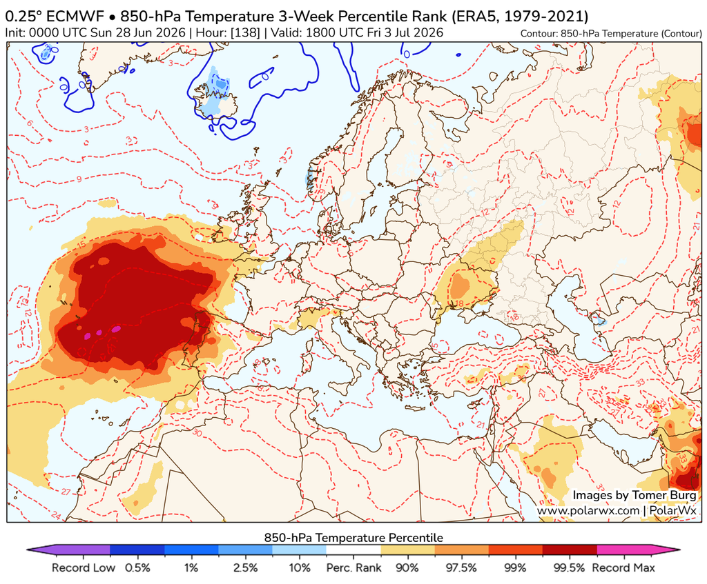 Señales previstas del futuro domo o cúpula de calor: arriba, geopotencial a 500 hPa y los valores extraordinarios para la época del año en colores rojos y fucsia, y abajo, las temperaturas a 850 hPa/1500 m aprox, con valores extremadamentes cálidos a dicho nivel para el 3 de julio de 2026, según modelo ECMWF. Fuente: Tomer Burg