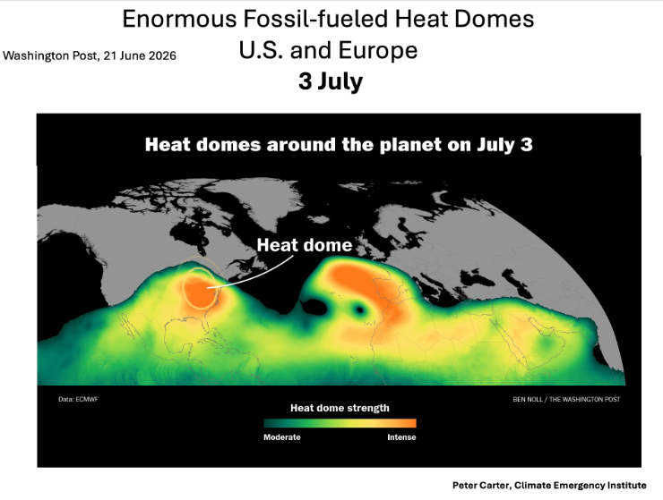 Domos de calor (heat domes) previstos sobre el 3 de julio de 2026: uno sobre zonas de Europa occidental y otro sobre el este de los EE.UU. continentales. Fuente: Peter Carter / Washington Post.