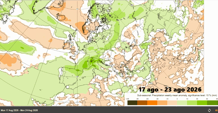 Anomalías semanales de precipitación para las semanas 17-23 y 24-30 de agosto de 2026: zonas verdes para anomalías positivas y naranjas para negativas de precipitación. Las zonas en verde con anomalías positivas ganan en extensión e intensidad a las zonas con anomalías negativas .Fuente: ECMWF