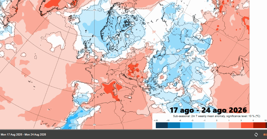 Anomalías semanales de temperatura a 2 m para las semanas 17-23 y 24-30 de agosto de 2026: cálidas en escala de rojos y frías en escala de azules. Nótese las anomalías frías (zonas en azul) que ganan en extensión durante las dos próximas semanas, con la Península entre ellas. Fuente: ECMWF