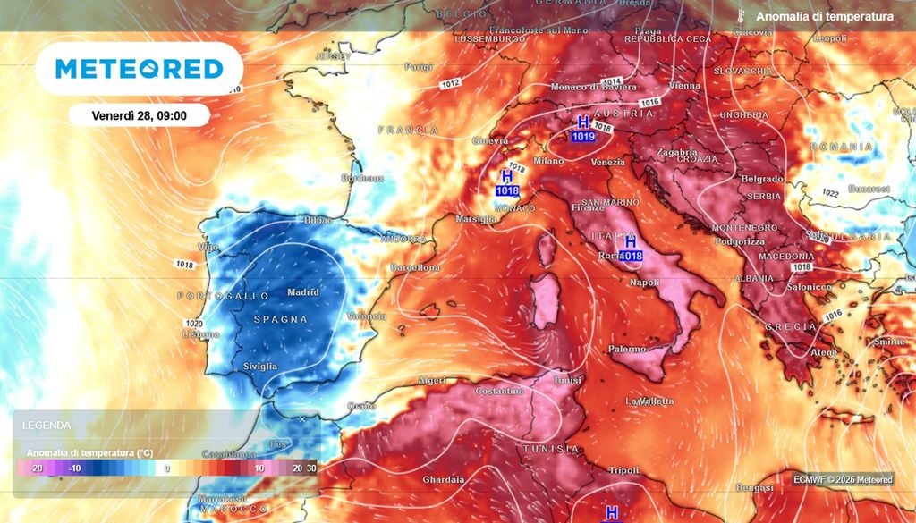 La differenza tra Italia e Spagna questo venerdì: anomalie termiche molto alte in Italia per l'ondata di calore, in Spagna più freddo della norma.