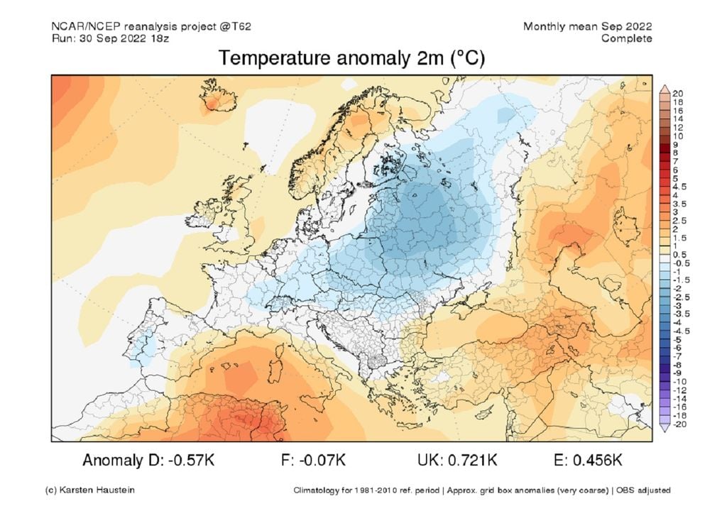 Anomalía de temperatura; Europa; septiembre 2022 Anomalía de temperatura; Europa; septiembre 2022