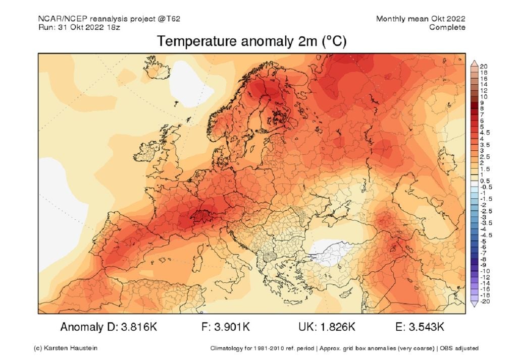 Anomalía de temperatura; Europa; octubre 2022 Anomalía de temperatura; Europa; octubre 2022