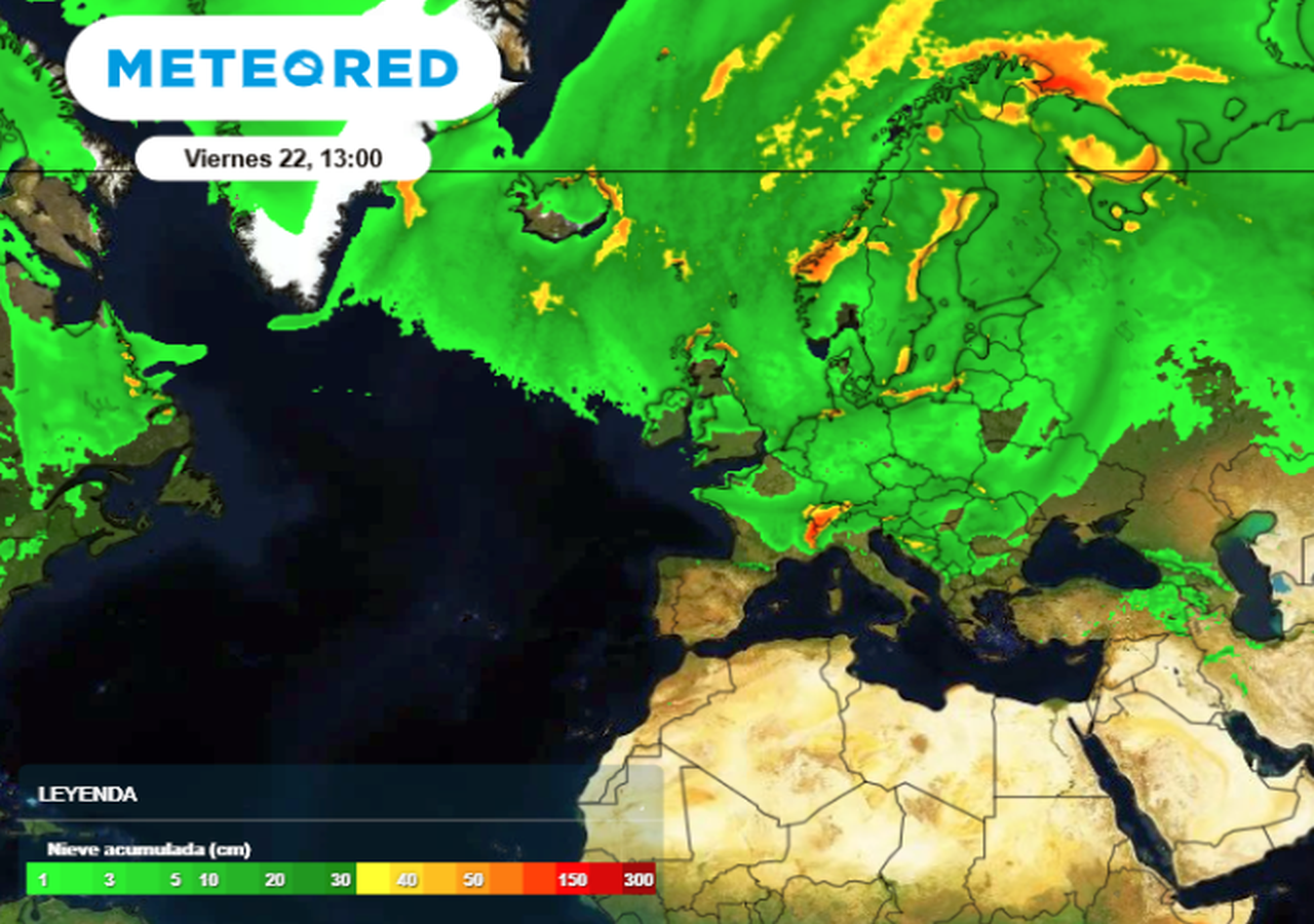 Acumulación prevista de nieve por el modelo del ECMWF hasta el 22 de noviembre 2024 12 UTC. Tiempo.com