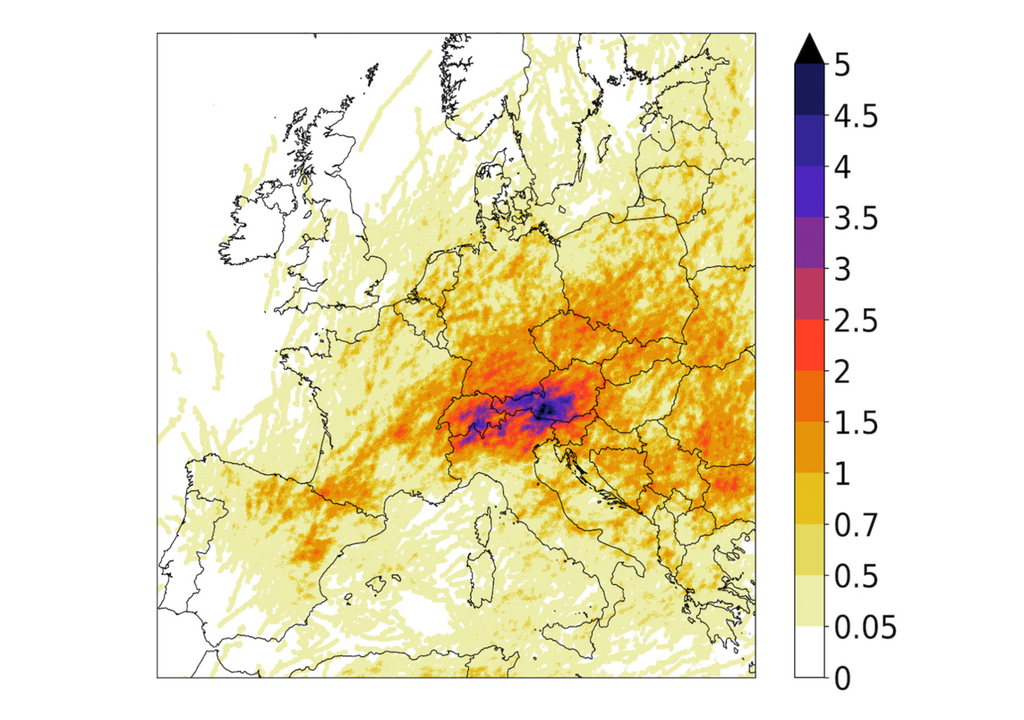 Simulation der jährlichen Häufigkeit der Supperzellen-Gewitter bei 3°C Erwärmung: Der Klimawandel führt insbesondere im Alpenraum zu mehr Stürmen. Simulation der jährlichen Häufigkeit der Supperzellen-Gewitter bei 3°C Erwärmung: Der Klimawandel führt insbesondere im Alpenraum zu mehr Stürmen.