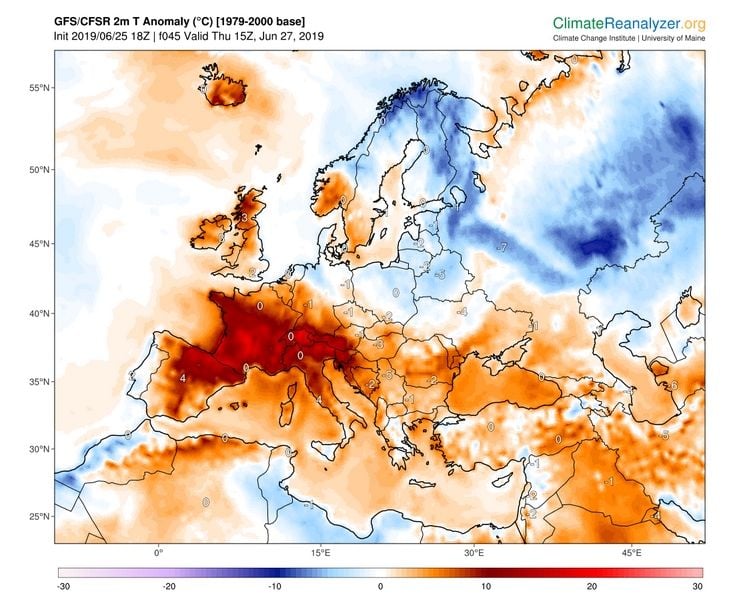 Anomalías de temperatura para el 27 de junio de 2019 a las 12 UTC según GFS. ClimateReanalyzer