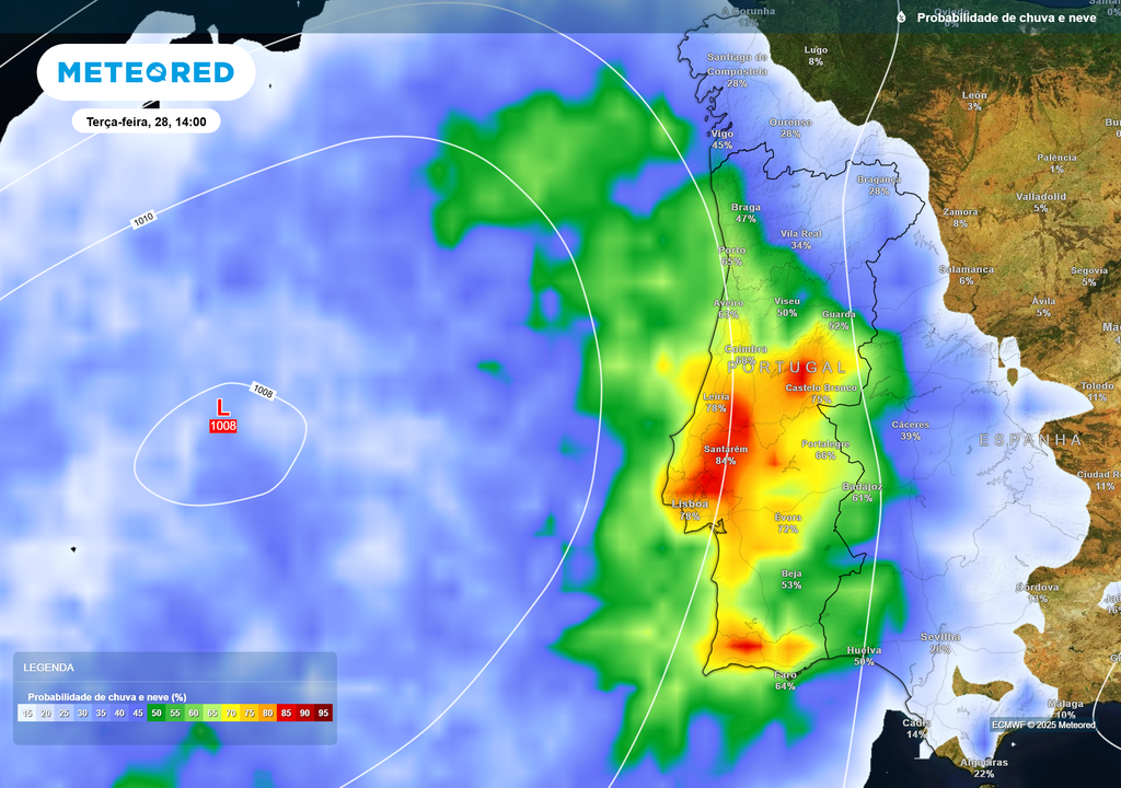 Mapa atmosférico: Probabilidade de chuva Mapa atmosférico: Probabilidade de chuva