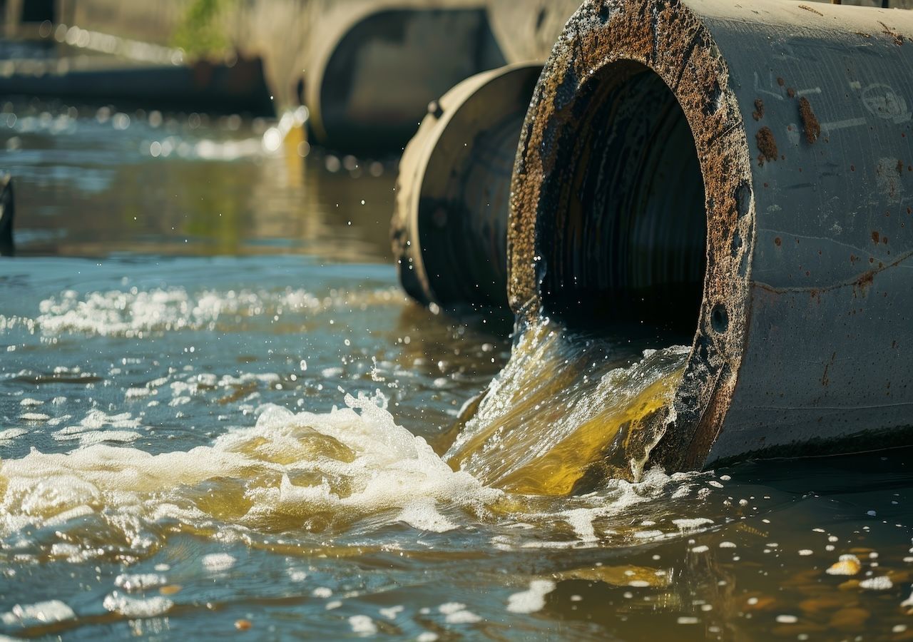 Industrielle Abwasserverunreinigung durch Abwasserrohre, die in Flüsse und Kanäle einleiten, verursacht Umweltschäden.