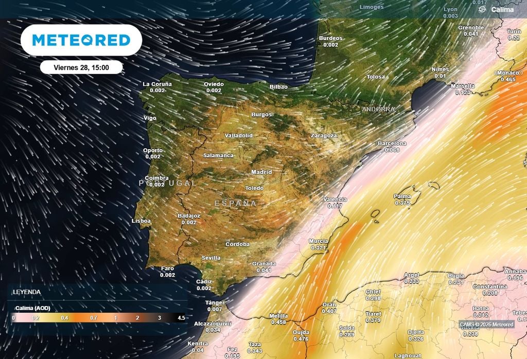 Previsión de calima para la tarde de mañana. El polvo sahariano alcanzará el sureste peninsular, afectando principalmente al este de Andalucía, la Región de Murcia y el sur de la Comunidad Valenciana. También a Baleares.