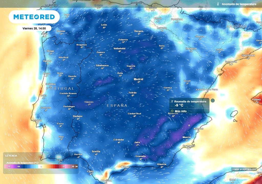 Anomalie di temperatura previste per il pomeriggio di venerdì 28 agosto. Praticamente tutta la Penisola registrerà temperature inferiori alla norma per la fine di agosto.