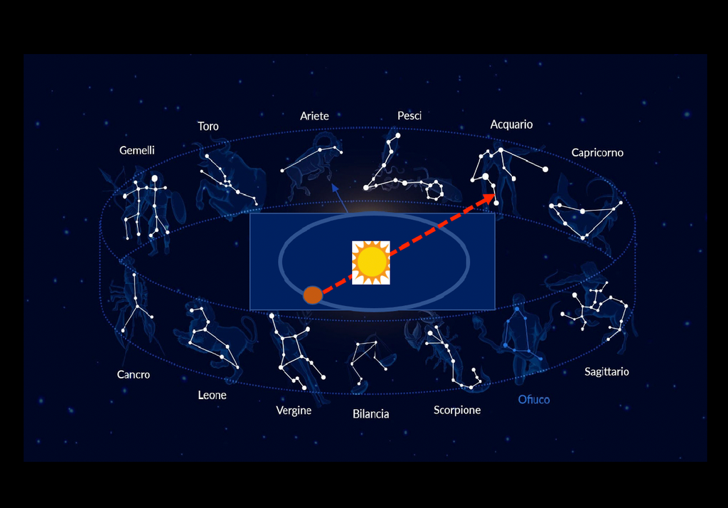 In questa immagine si esemplifica il concetto di come il Sole visto dalla Terra a partire dal 22 Gennaio viene visto proiettato in direzione della costellazione dell'Aquario.