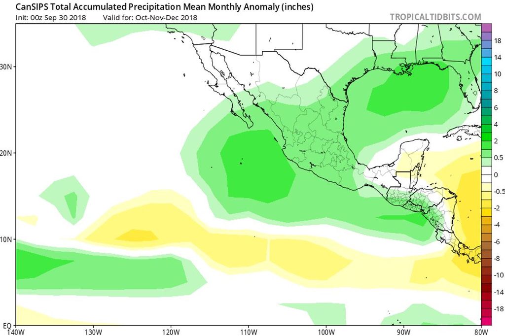 Comportamiento de las precipitaciones de octubre a diciembre. Modelo CanSIPS Comportamiento de las precipitaciones de octubre a diciembre. Modelo CanSIPS