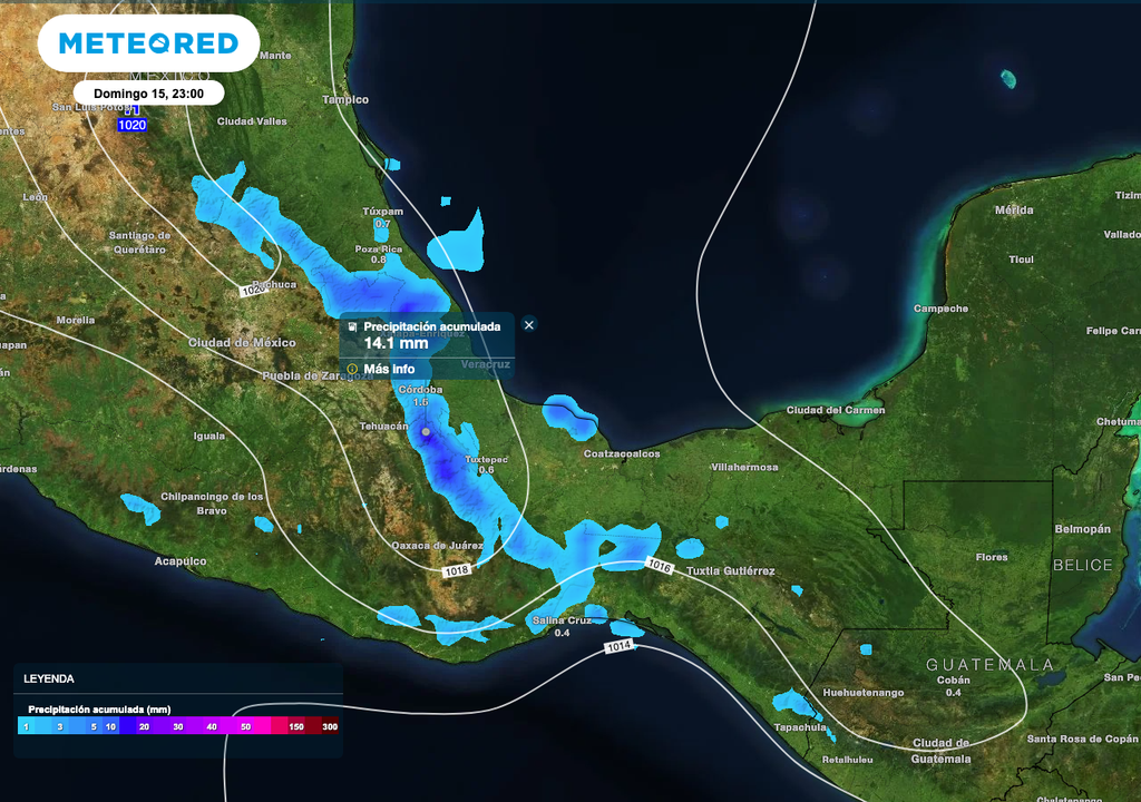 Lluvias con intervalos de chubascos en Puebla, Veracruz, Oaxaca y Chiapas y lluvias aisladas con bancos de niebla en Tabasco y San Luis Potosí.