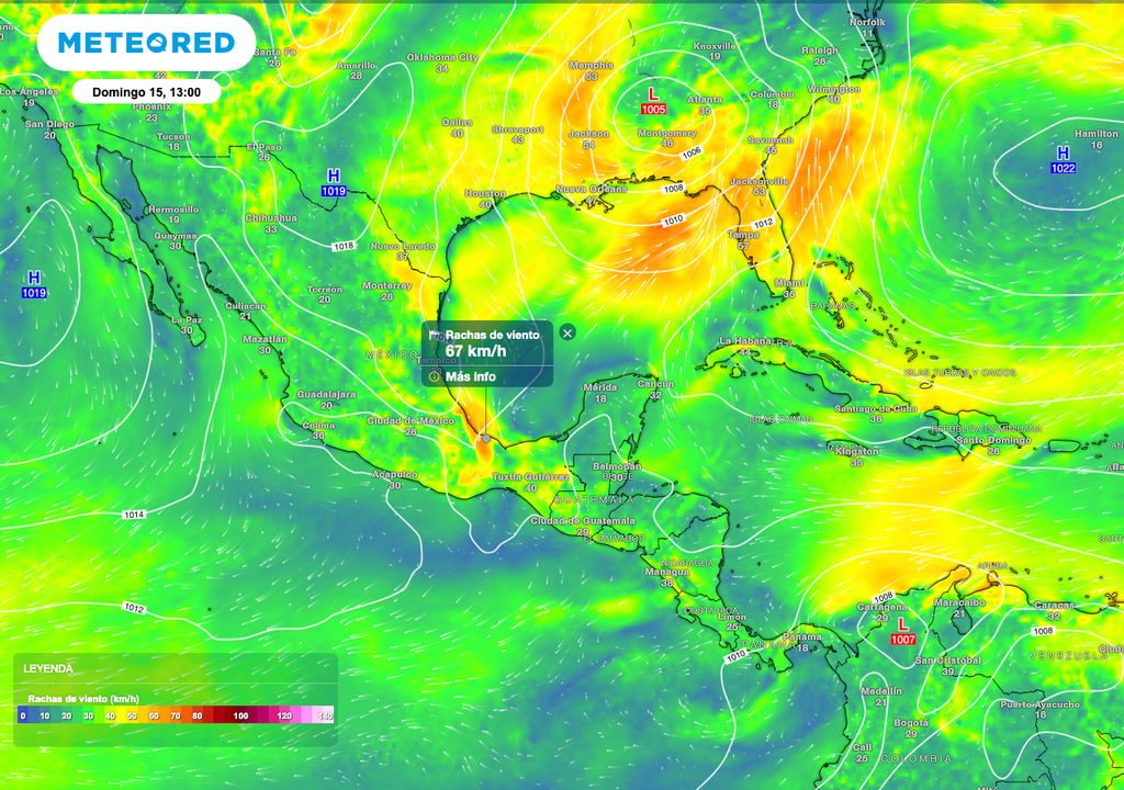 Se esperan rachas de viento de 60 a 80 km/h en costas de Veracruz, Istmo de Oaxaca y en el norte de Chiapas, y de 40 a 60 km/h en Tamaulipas.