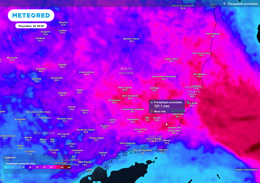 Previsão de chuva acumulada até o final de segunda-feira (23), de acordo com o ECMWF.