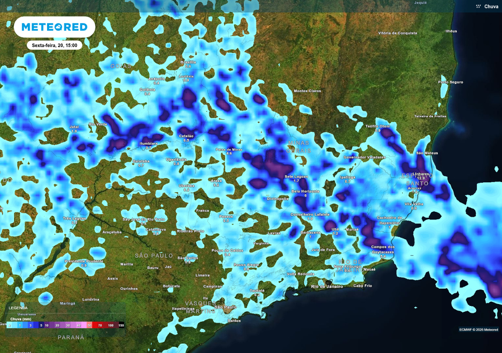 Previsão de chuva nesta sexta-feira (20), de acordo com o ECMWF.