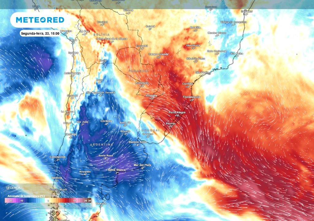 Previsão de anomalias de temperatura em 850 hPa mostra a presença de uma massa de ar frio intensa sobre a Argentina e o Uruguai que não está conseguindo avançar pelo Brasil.