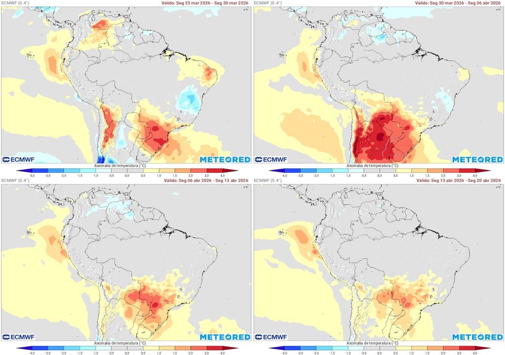 Previsões semanais de anomalias de temperaturas para as primeiras semanas do Outono no Brasil (modelo ECMWF) indica que o calor de verão continuará presente sobre a região Sul.