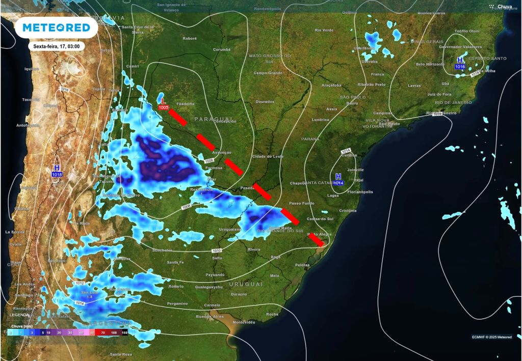 Previsão de chuva (escala de cores) e cavado (área alongada no campo de pressão representado pelas linhas brancas), representado pela linha tracejada vermelha, de acordo com o ECMWF.