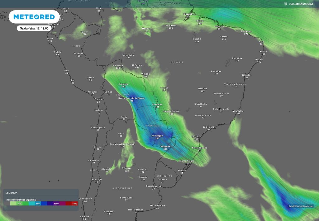 Previsão de rio atmosférico nesta sexta-feira (17), de acordo com o ECMWF.