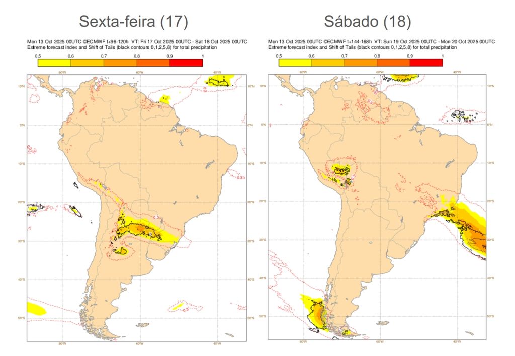 EFI do ECMWF para precipitação nesta sexta-feira (17) e sábado (18). Créditos: Adaptado de ECMWF.