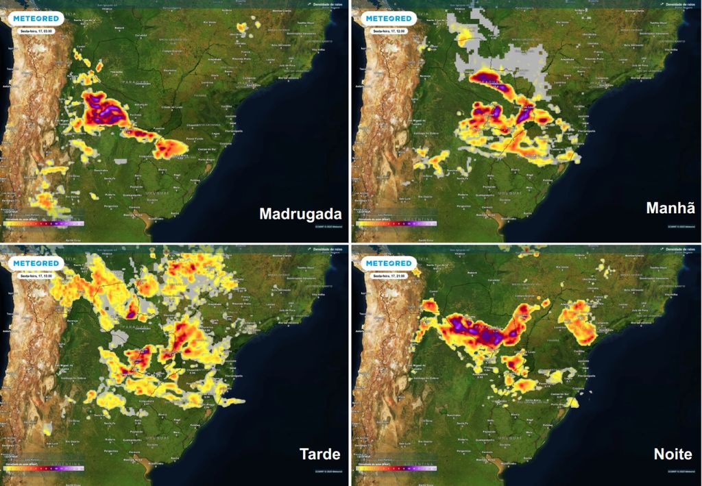 Previsão de tempestades no decorrer da sexta-feira (17), de acordo com o ECMWF.