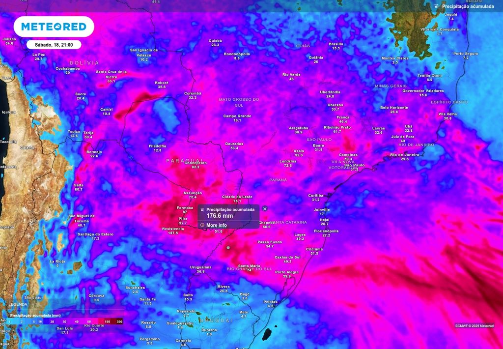 Previsão de chuva acumulada até o final do sábado (18), de acordo com o ECMWF.
