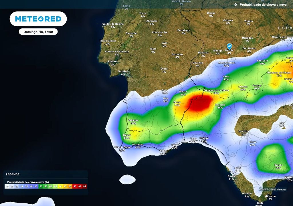 Probabilidade de ocorrência de chuva em Portugal Continental este domingo Probabilidade de ocorrência de chuva em Portugal Continental este domingo, 18 de outubro, às 17:00. Fonte: Modelo ECMWF / Meteored
