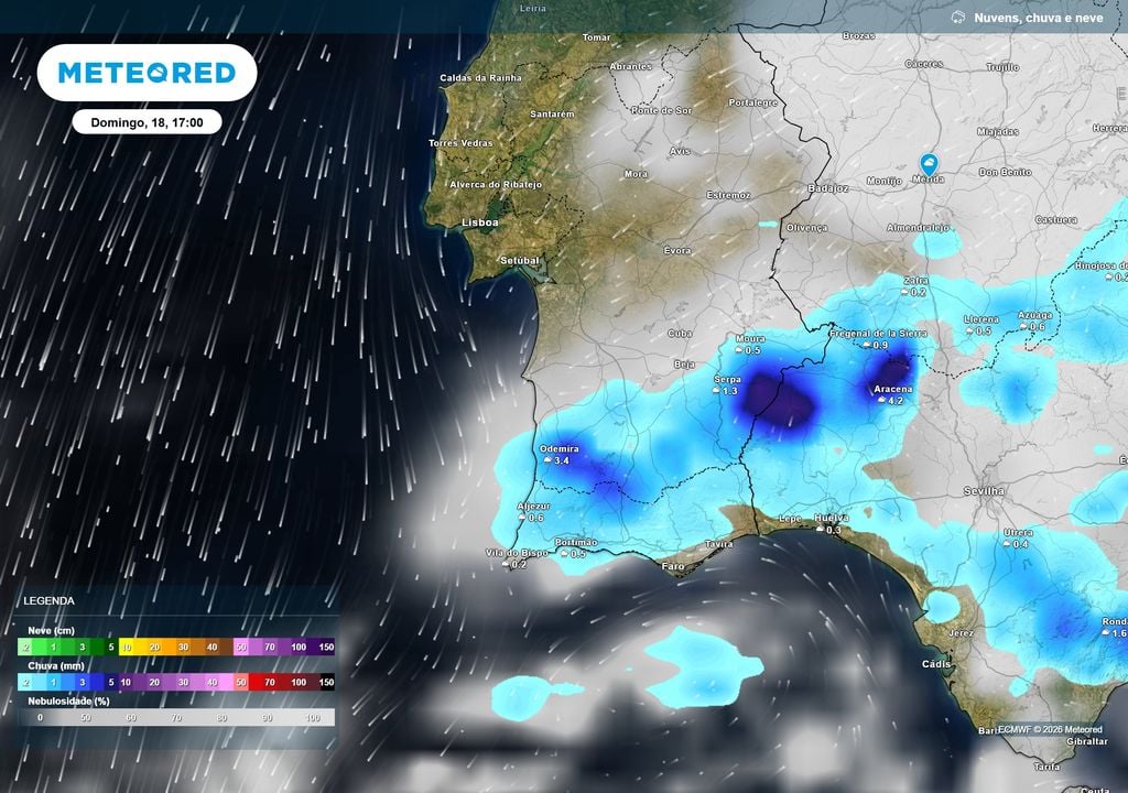 Precipitação e nebulosidade previstas para domingo Precipitação e nebulosidade previstas para domingo, 18 de outubro, às 17:00 no Sul do país. Fonte: Modelo ECMWF / Meteored