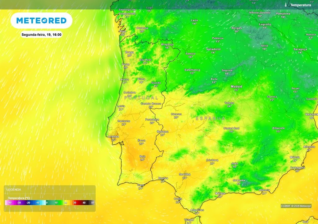 temperatura do ar à superfície Previsão da temperatura do ar para segunda-feira, 19 de outubro, às 16:00 em Portugal Continental. Fonte: Modelo ECMWF / Meteored