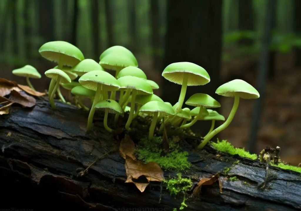 Une image générée par ordinateur d'un groupe de champignons chlorophylles de Mycena sur un arbre tombé.