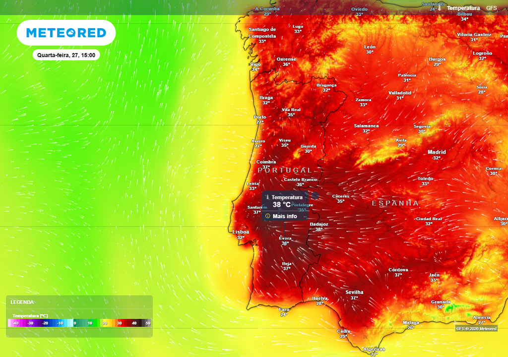 Previsão de temperatura máxima na cidade de Évora (38 ºC) para quarta-feira, 27 de maio, segundo o modelo americano (GFS).