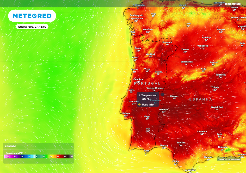 Previsão de temperatura máxima na cidade de Évora (34 ºC) para quarta-feira, 27 de maio, segundo o modelo europeu (ECMWF).