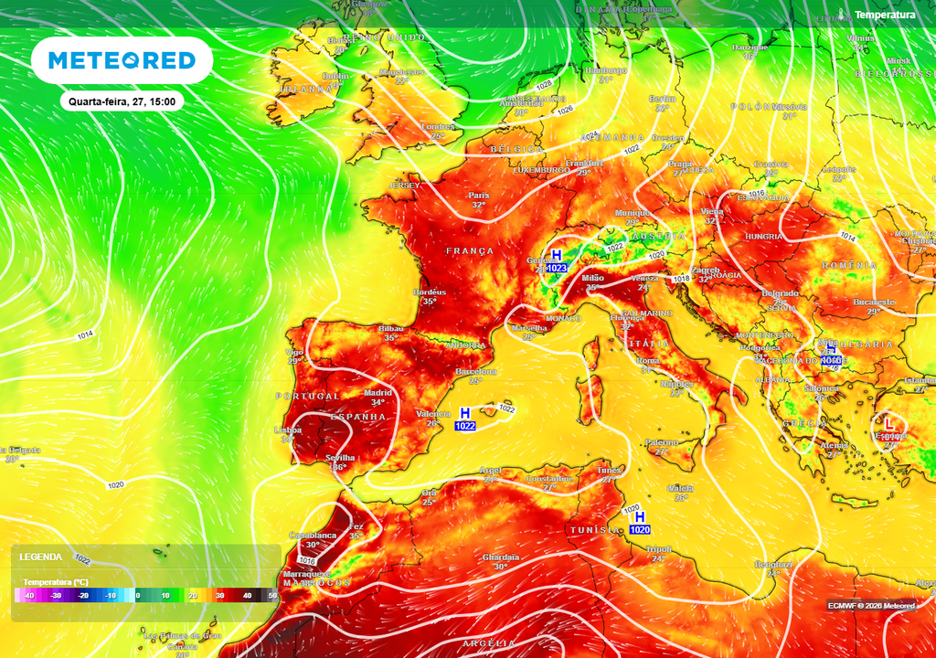 Uma crista subtropical persistente está a ser favorável ao aquecimento de uma massa de ar muito quente através de subsidência (“cúpula de calor”), impulsionando um novo pico de calor em Portugal continental e em grande parte da geografia europeia.