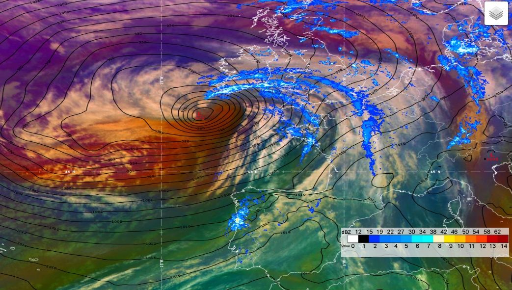 Imagen RGB de masas de aire del 26 de noviembre de 2019 a las 03 UTC junto con presión en superficie, en negro y hPa, y datos radar. Eumetrain