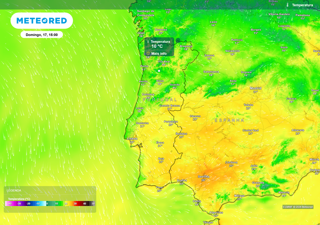 temperatura do ar à superfície O aumento da velocidade de rajada, com fluxo de norte, poderá contribuir para um maior desconforto térmico e para a manutenção de valores de temperatura mais baixos, ainda aliado à massa de ar polar proveniente da Gronelândia.