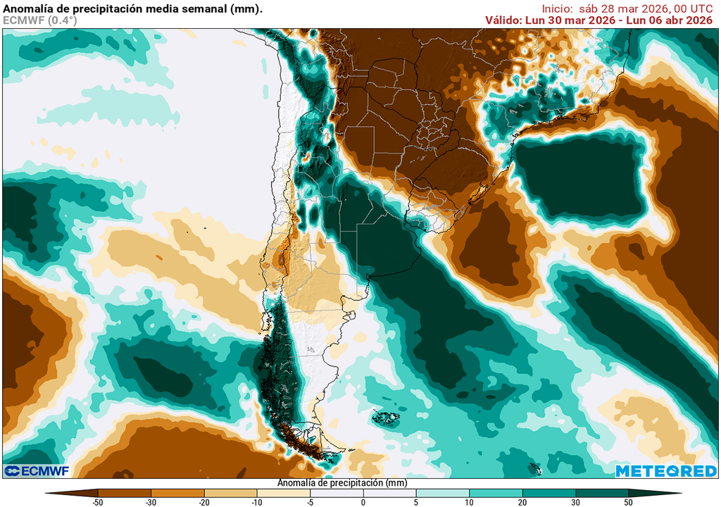 Lluvia, Tormenta, Alerta, Buenos Aires, Córdoba, Litoral, Argentina, Marzo, Pronóstico, Clima, Tiempo Anomalía de precipitaciones prevista para los próximos 7 días según el modelo ECMWF