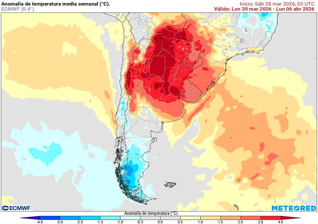 Lluvia, Tormenta, Alerta, Buenos Aires, Córdoba, Litoral, Argentina, Marzo, Pronóstico, Clima, Tiempo Anomalía de temperatura prevista para los próximos 7 días según el modelo ECMWF