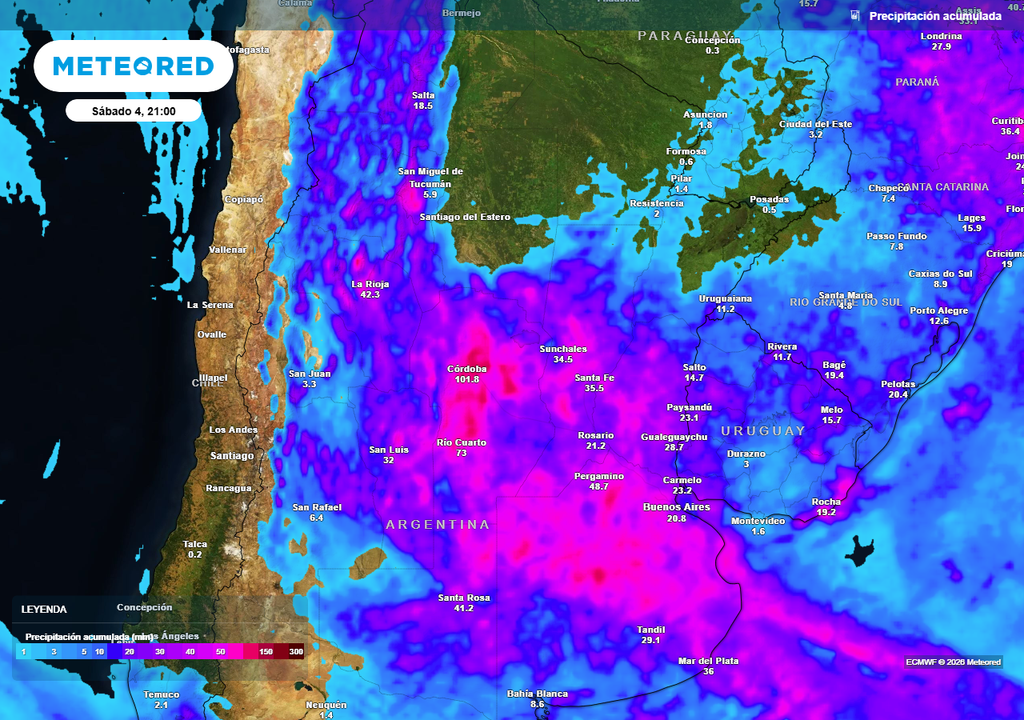 Lluvia, Tormenta, Alerta, Buenos Aires, Córdoba, Litoral, Argentina, Marzo, Pronóstico, Clima, Tiempo Acumulados de lluvia previstos hasta el próximo sábado según nuestro modelo de referencia ECMWF
