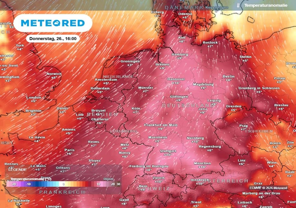 Deutschland ganz "in rot". Es ist in der letzten Februarwoche deutlich zu warm für die Jahreszeit.