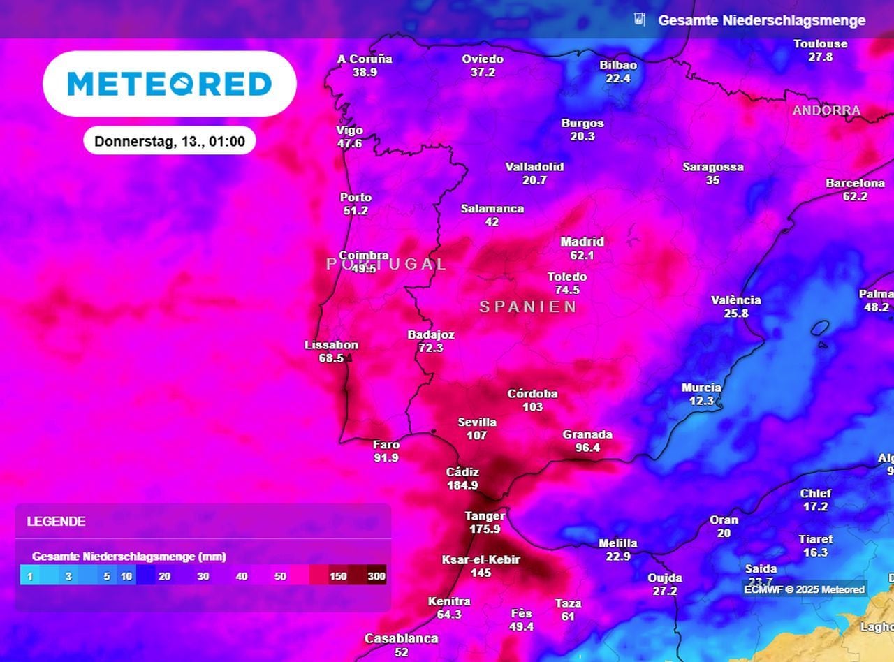 Das wird auf der Iberischen Halbinsel und in Nordafrika in den kommenden Tagen ganz schön kritisch. Dort werden extreme Regenmengen erwartet.