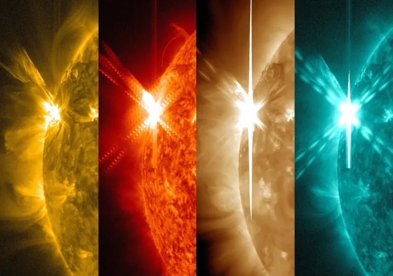 Éruption solaire du 5 mai 2015 à différentes longueurs d'onde. Crédit : NASA/SDO/Wiessinger