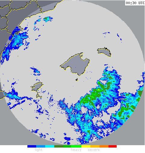 PPI del radar de Palma de Mallorca. Fuente: AEMET-Wearther Online.