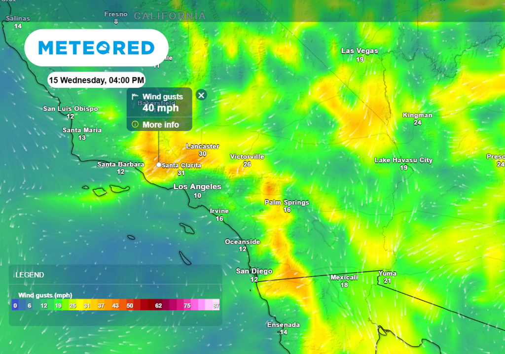 The forecast of wind gusts for late Wednesday afternoon.