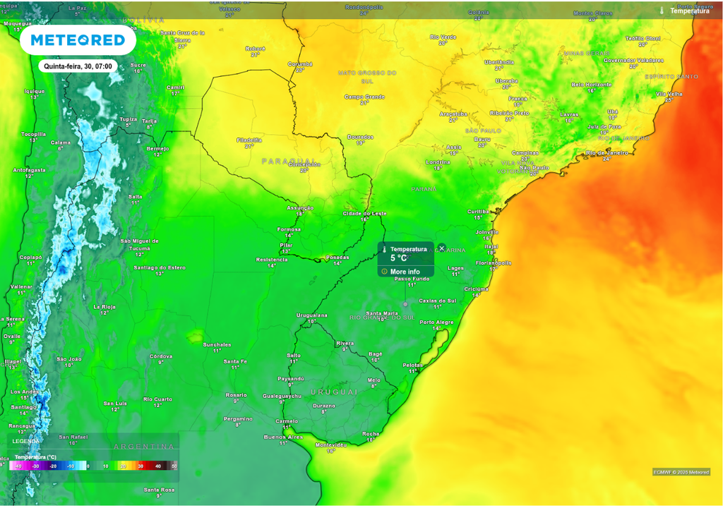 Previsão de temperatura mínima para quinta-feira (29), de acordo com o ECMWF.