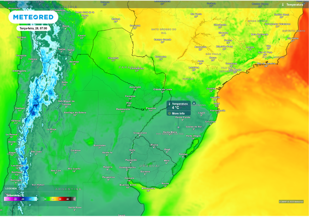 Previsão de temperatura mínima para terça-feira (28), de acordo com o ECMWF.